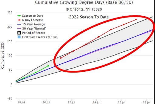 Cumulative Growing Degree Days for Oneonta NY for the 2022 season to date