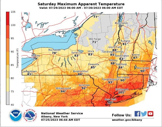 Saturday 7/29/23 Maximum Apparent Temperature map